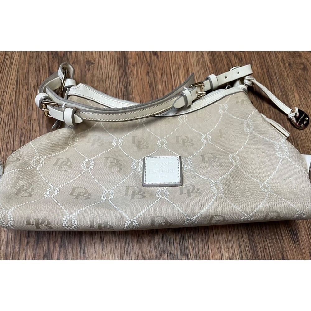 Dooney & Bourke Signature Bag Cream Tan Leather Trim Mini East West Slouch